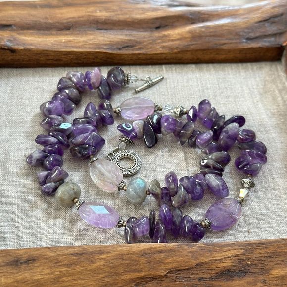 Amethyst Labradorite Beaded Sterling Silver Necklace 19" Toggle Clasp Purple VTG - Picture 15 of 16